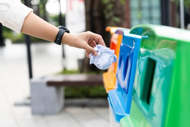 Close up of woman putting paper in recycling bin
