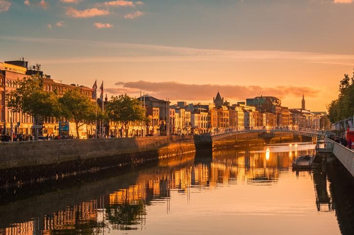 Golden hour view of the river Liffey and the Ha'penny bridge in Dublin
