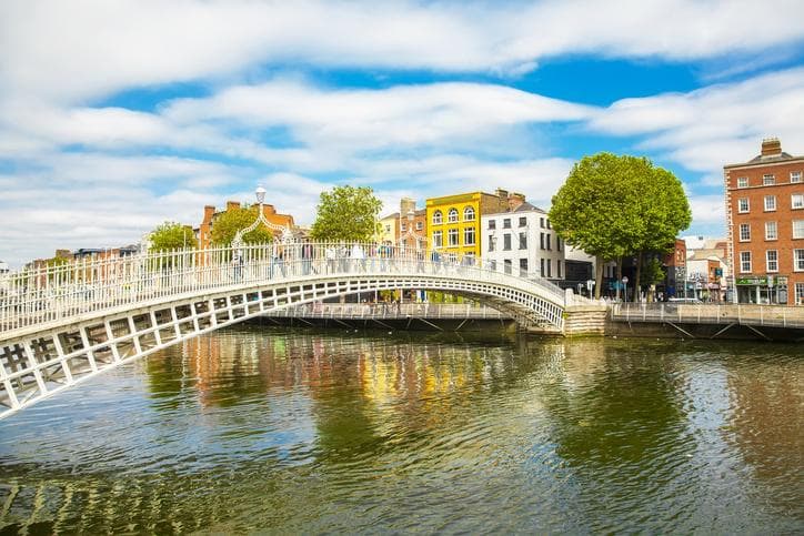 Ha'penny Bridge and Liffey river in Dublin old town, Ireland