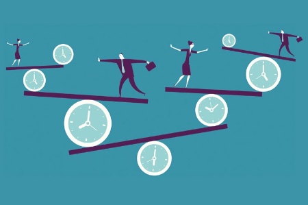 People balancing on clock scales (illustration)